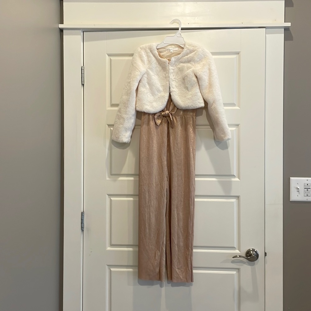 Girls rose gold jumpsuit with faux fur jacket
